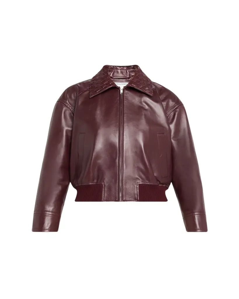 Bottega Veneta Intrecciato Collar Leather Bomber Jacket