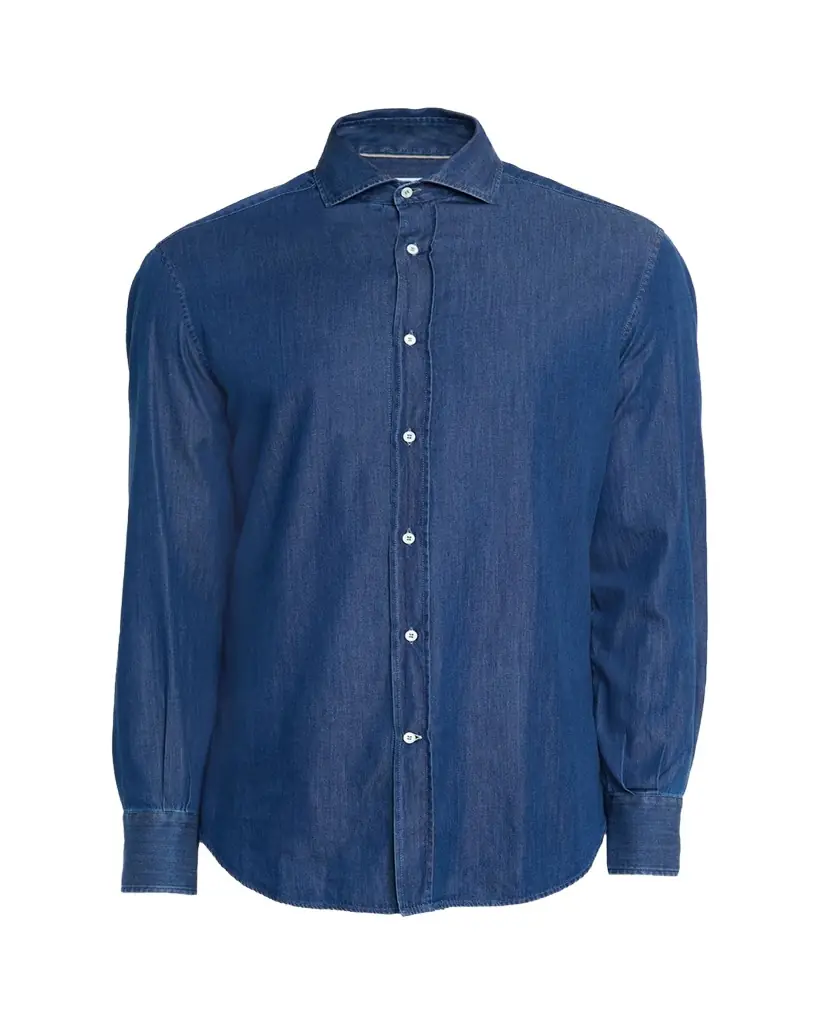 Brunello Cucinelli Men's Denim Spread Collar Button-Down Shirt