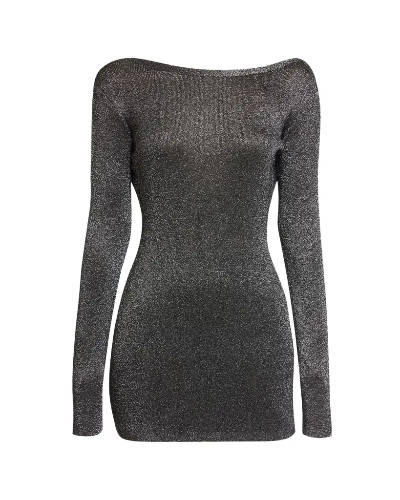Balenciaga Metallic Knit Long-Sleeve Backless Mini Dress
