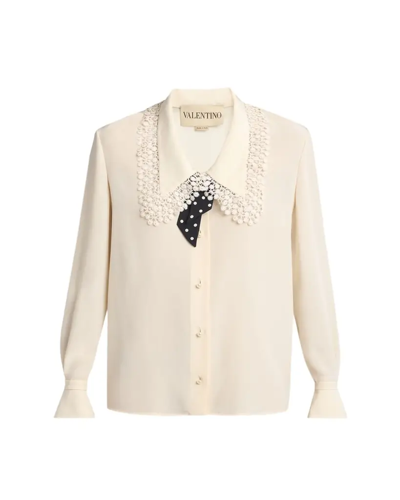 Valentino Garavani Lace-Trim Button-Down Silk Blouse With Polkadot Tie