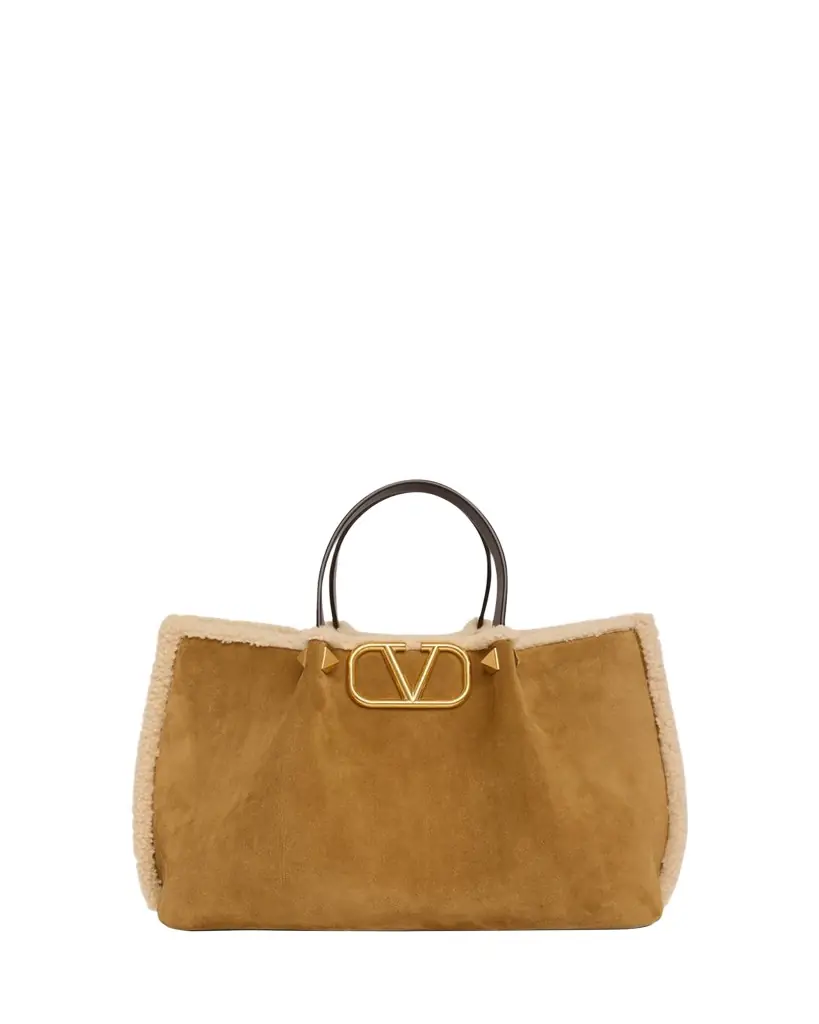 Valentino Garavani Medium Suede Shopping Bag with Shearling Lining