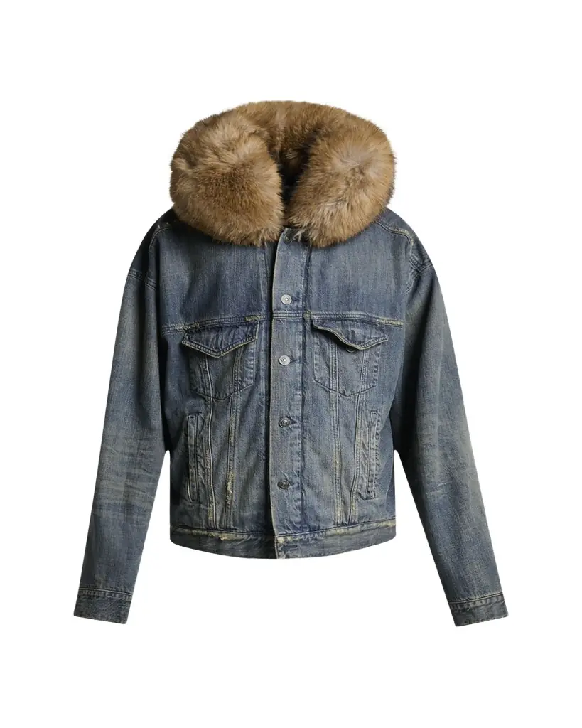 Balenciaga Men's Faux Fur-Trim Hooded Denim Trucker Jacket
