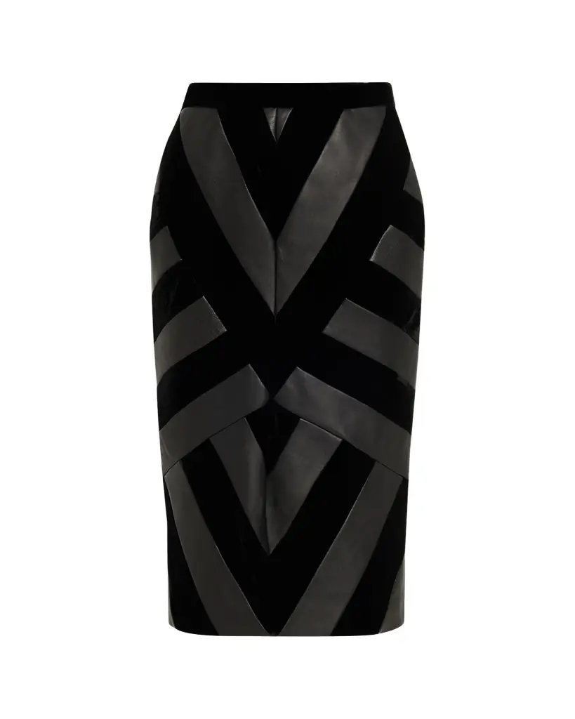Sergio Hudson Chevron Paneled Leather Midi Pencil Skirt