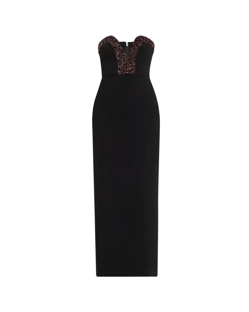 Halston Ila Bead-Trim Plunging Column Gown