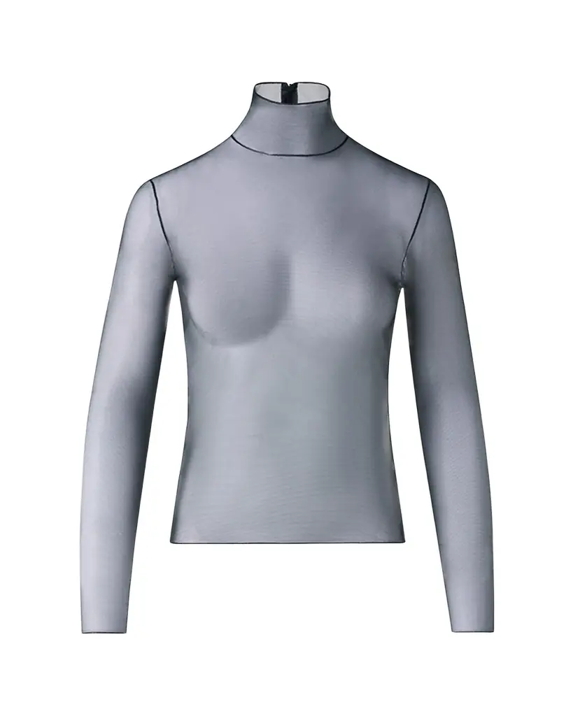Akris Mock-Neck Stretch Tulle Fitted Long-Sleeve Shirt