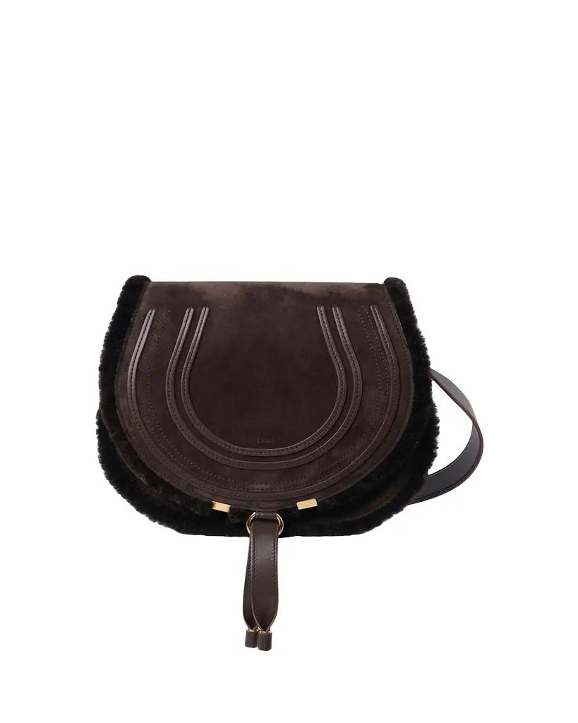 Chloe Marcie Saddle Crossbody Bag in Shearling-Trim Suede