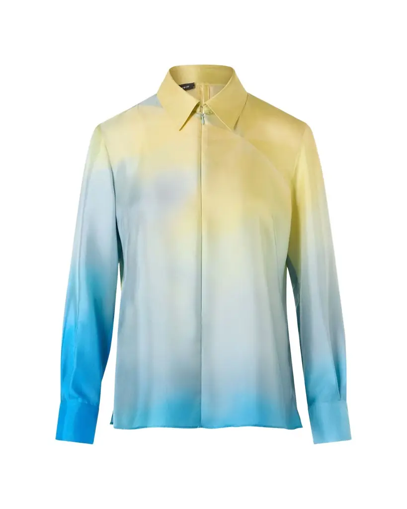 Akris Sunbeam-Print Silk Twill Zip Collared Blouse