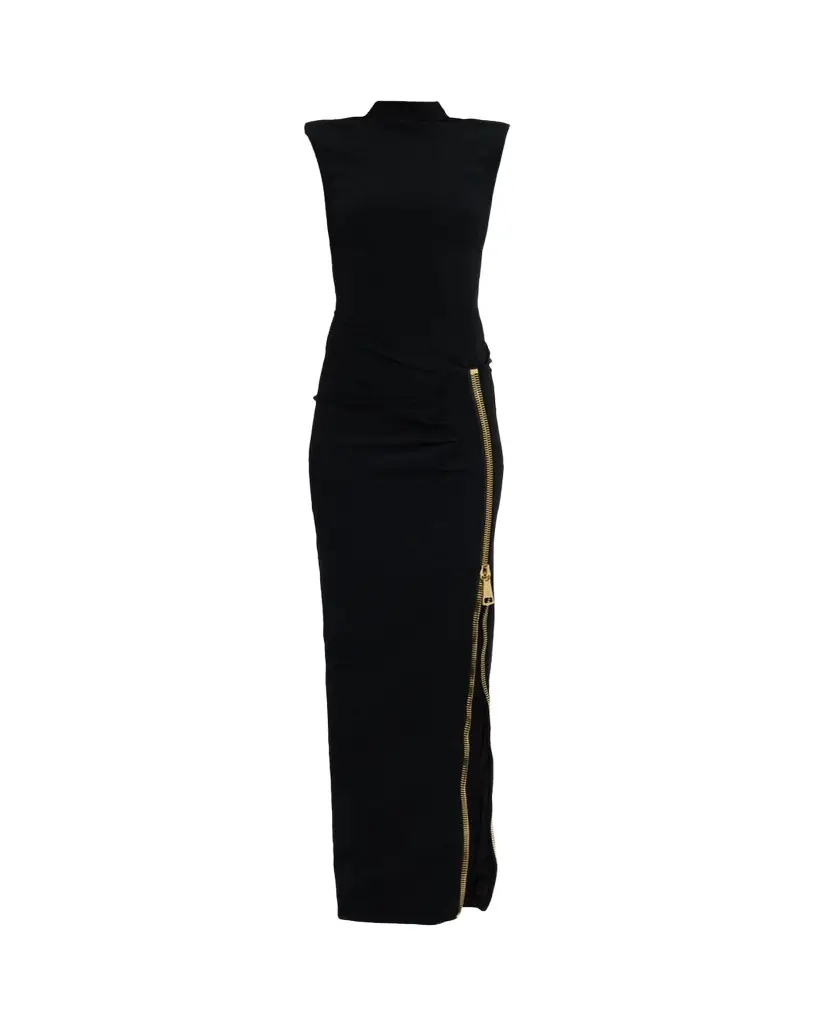 Balmain Mock-Neck Zip Slit Sleeveless Gown