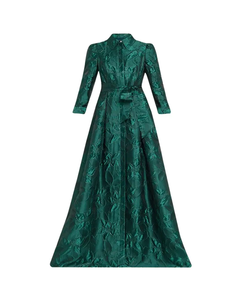 Rickie Freeman for Teri Jon Metallic Jacquard Floral Shirt Gown