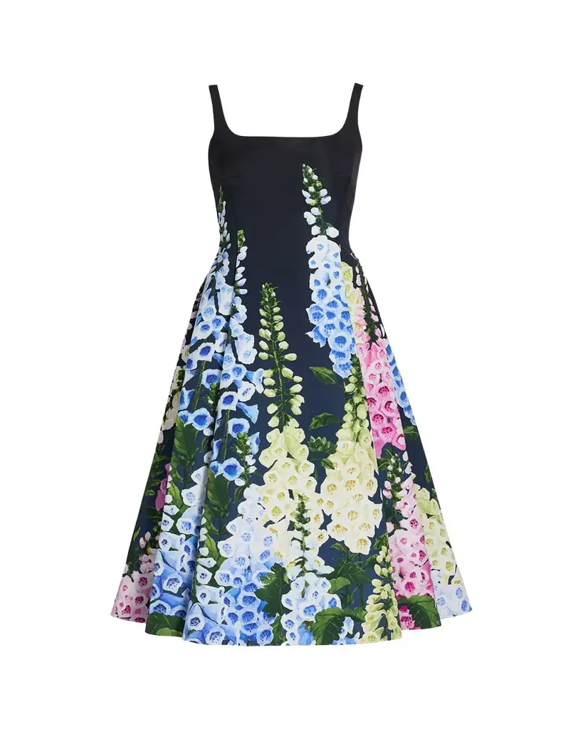 Oscar de la Renta Multi Foxglove Degrade Printed Faille Midi Cocktail Dress