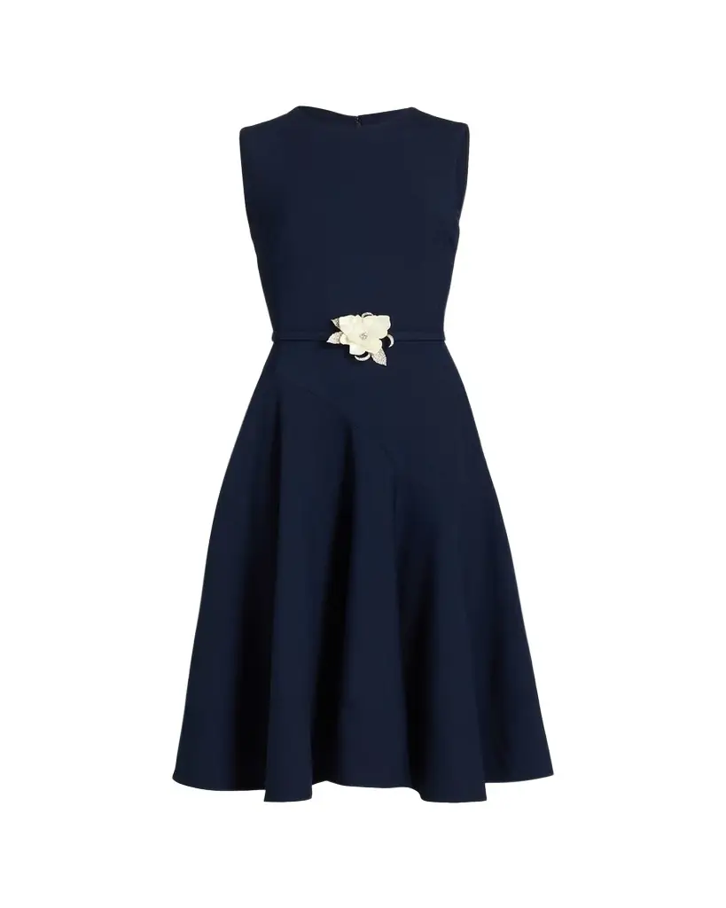 Oscar de la Renta Sleeveless Crystal Belted Stretch Wool Midi Dress