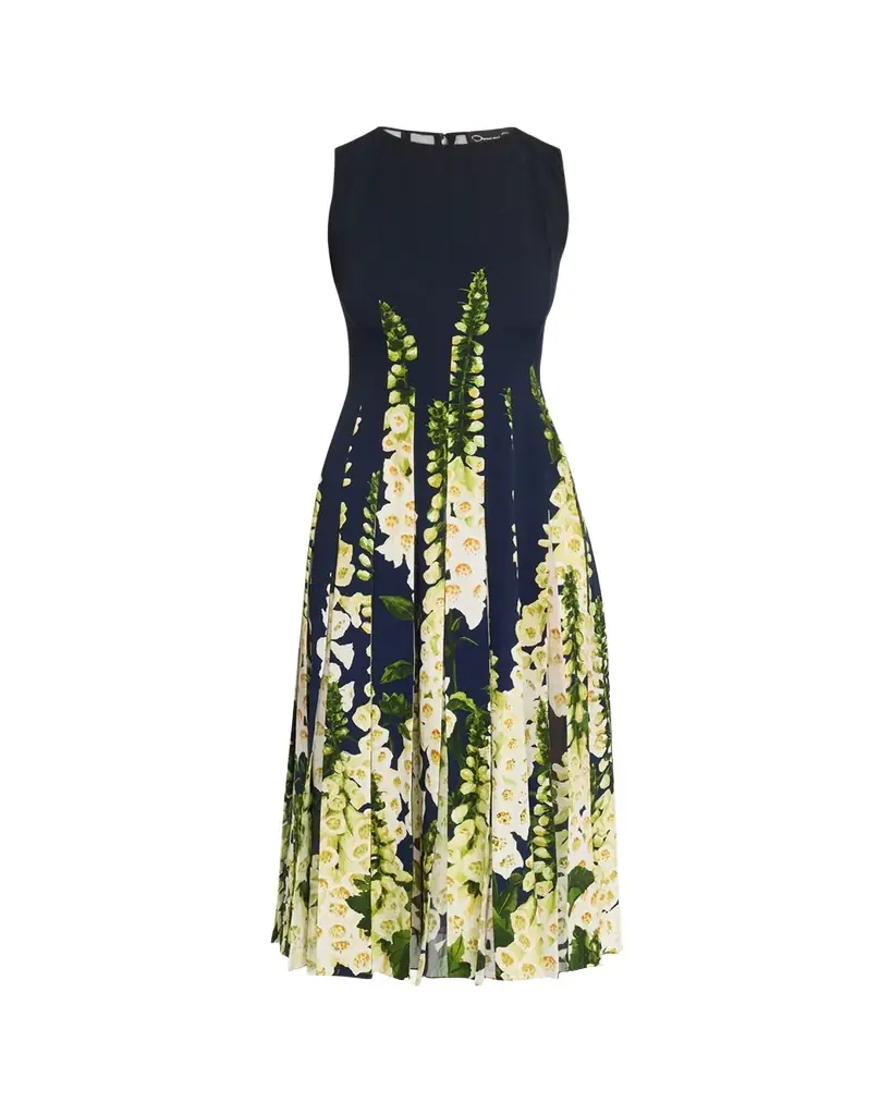 Oscar de la Renta Sleeveless Degrade Foxglove Pleated Midi Dress