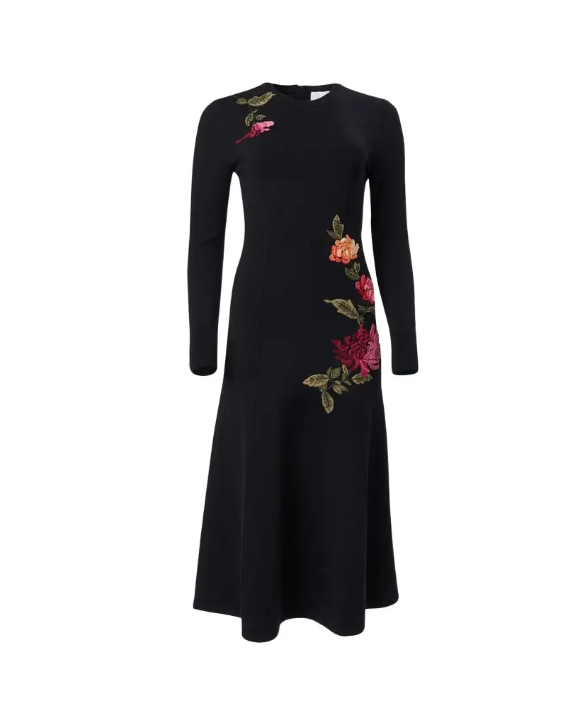 Carolina Herrera Floral Embroidered Long-Sleeve Midi Dress