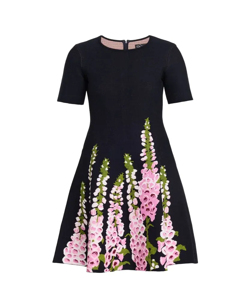Oscar de la Renta Foxglove Jacquard Knit Short-Sleeve Mini Dress