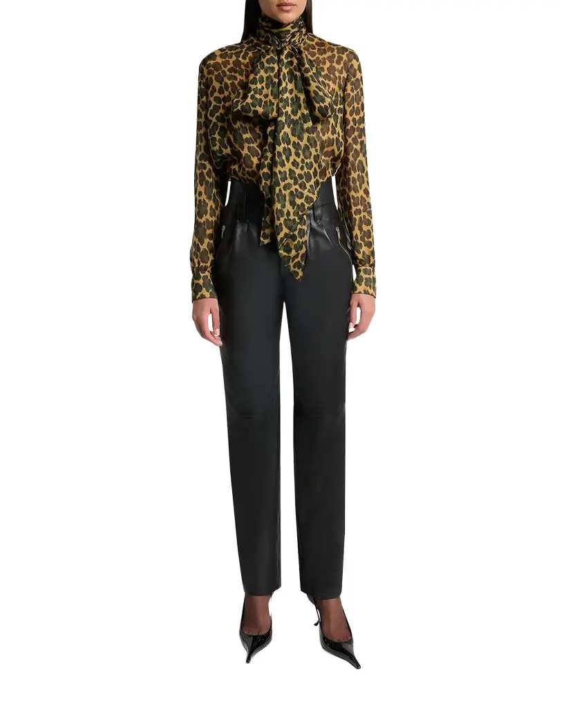 Saint Laurent Leopard Silk Chiffon Bow-Neck Blouse