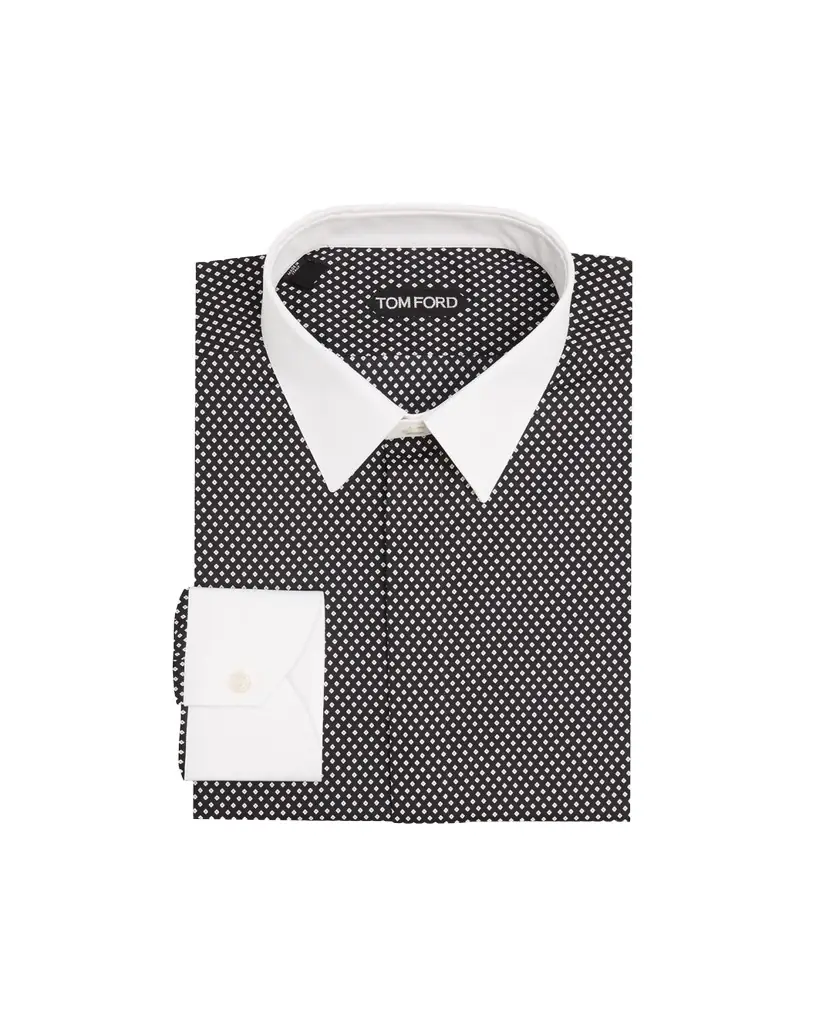 TOM FORD Men's Cotton Diamond-Print Contrast Collar-Cuff Dress Shirt