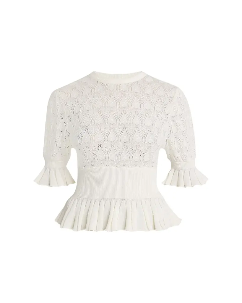 Chloe Short-Sleeve Pointelle Peplum Sweater