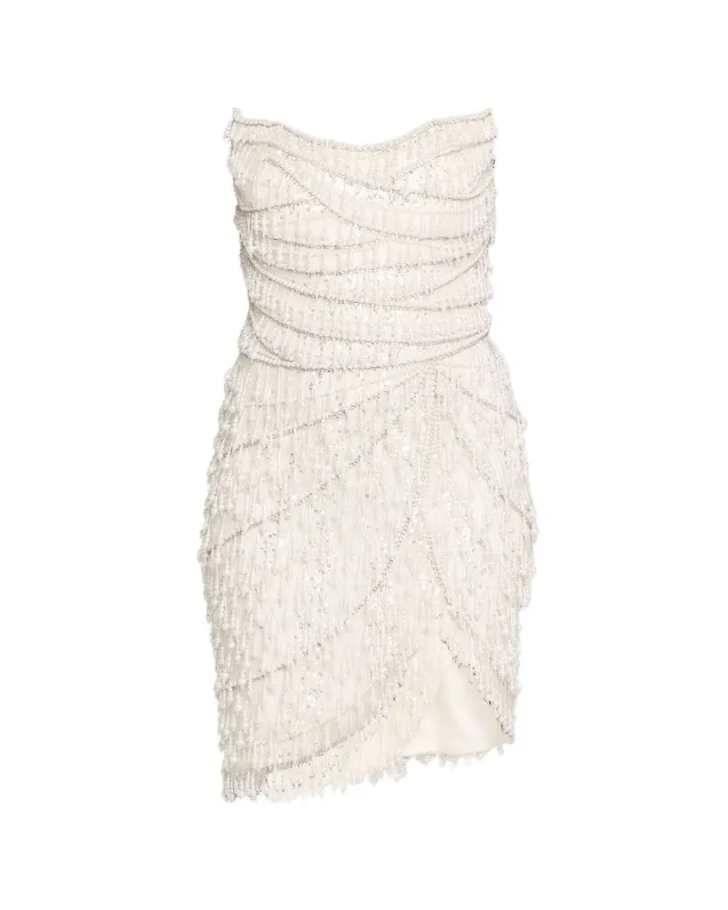 Pamella Roland Strapless Fringe Embroidered Tulle Mini Cocktail Dress