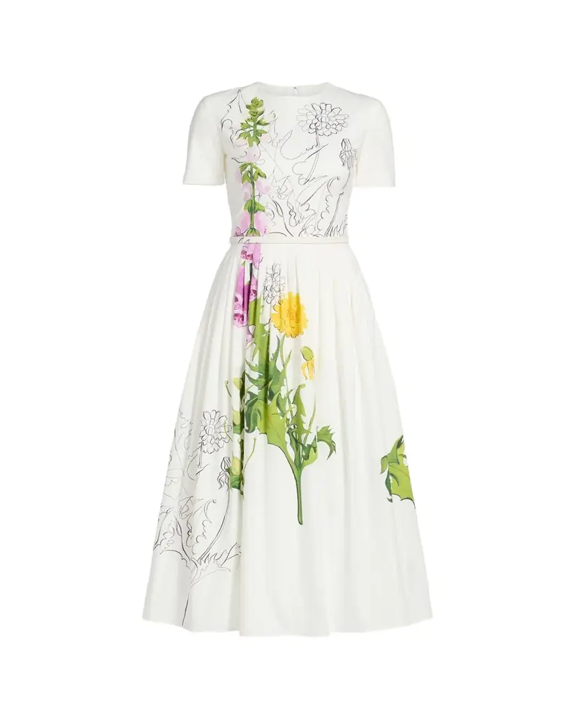 Oscar de la Renta Foxglove Dandelion Poplin Short-Sleeve Midi Dress With Belt
