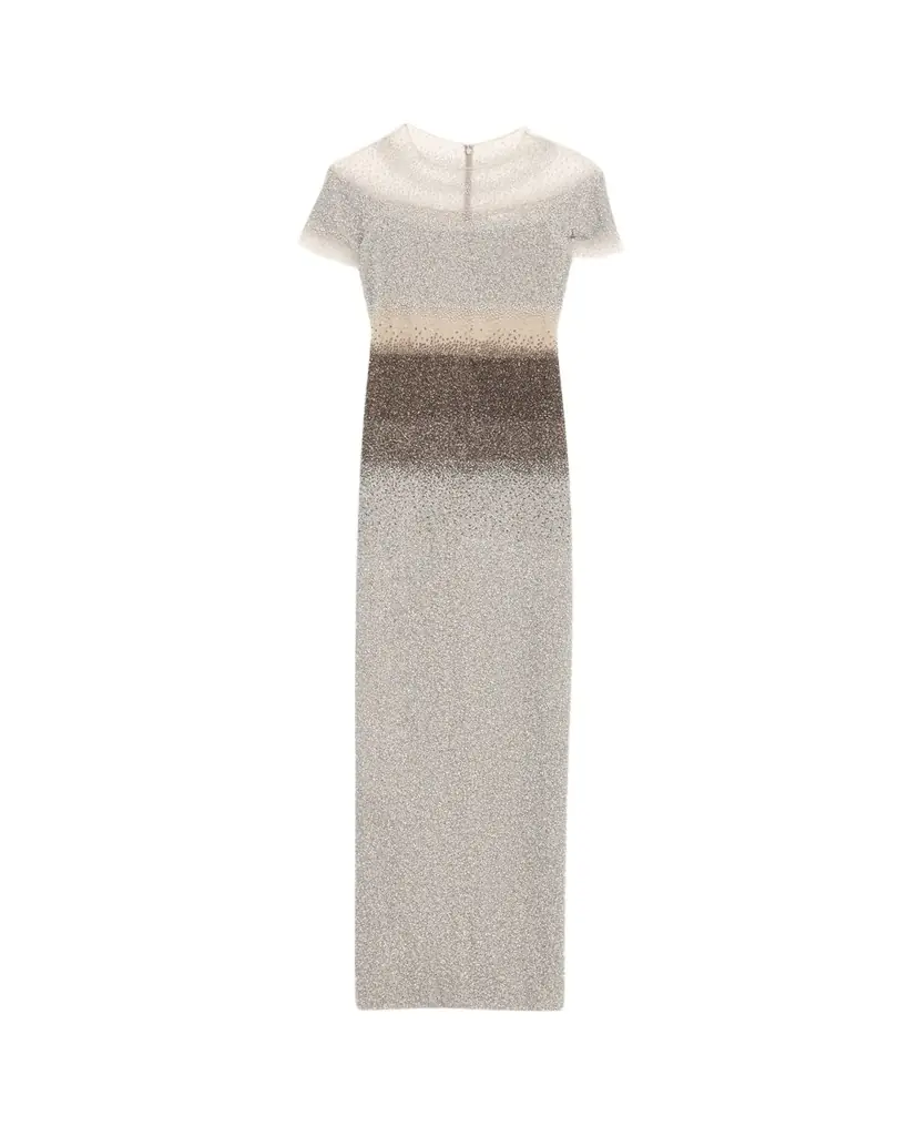 Pamella Roland Short-Sleeve Ombre Sequined Column Gown
