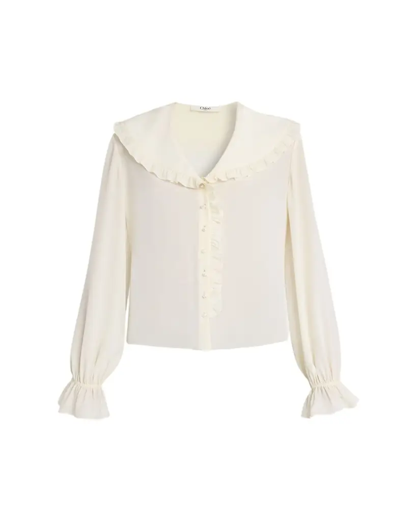 Chloe Bertha-Collar Ruffle Button-Down Silk Blouse