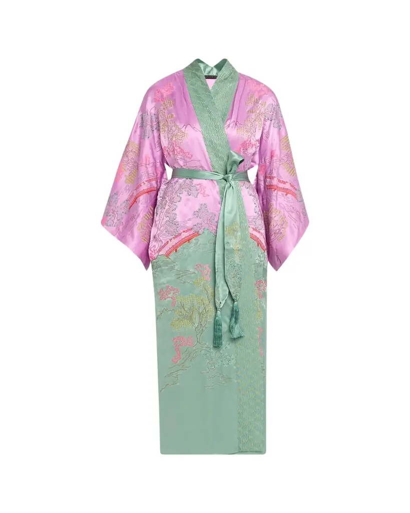 Natori Nara Embroidered Colorblock Silk Robe