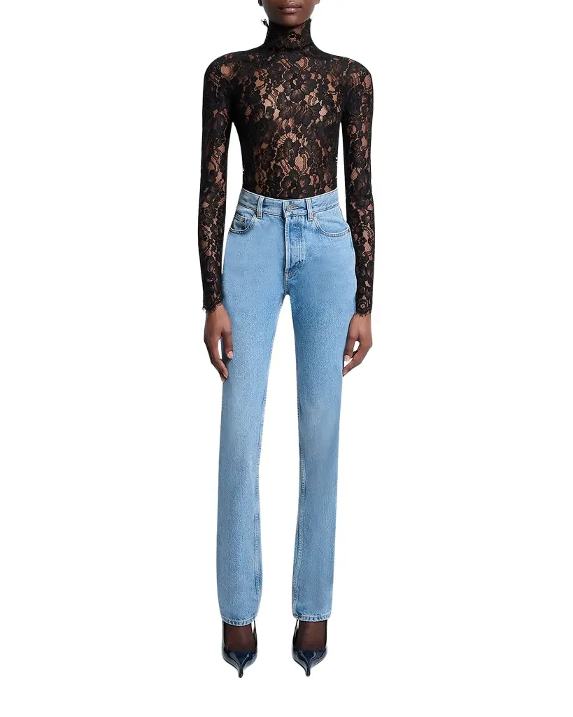 Saint Laurent Turtleneck Sheer Lace Long-Sleeve Top