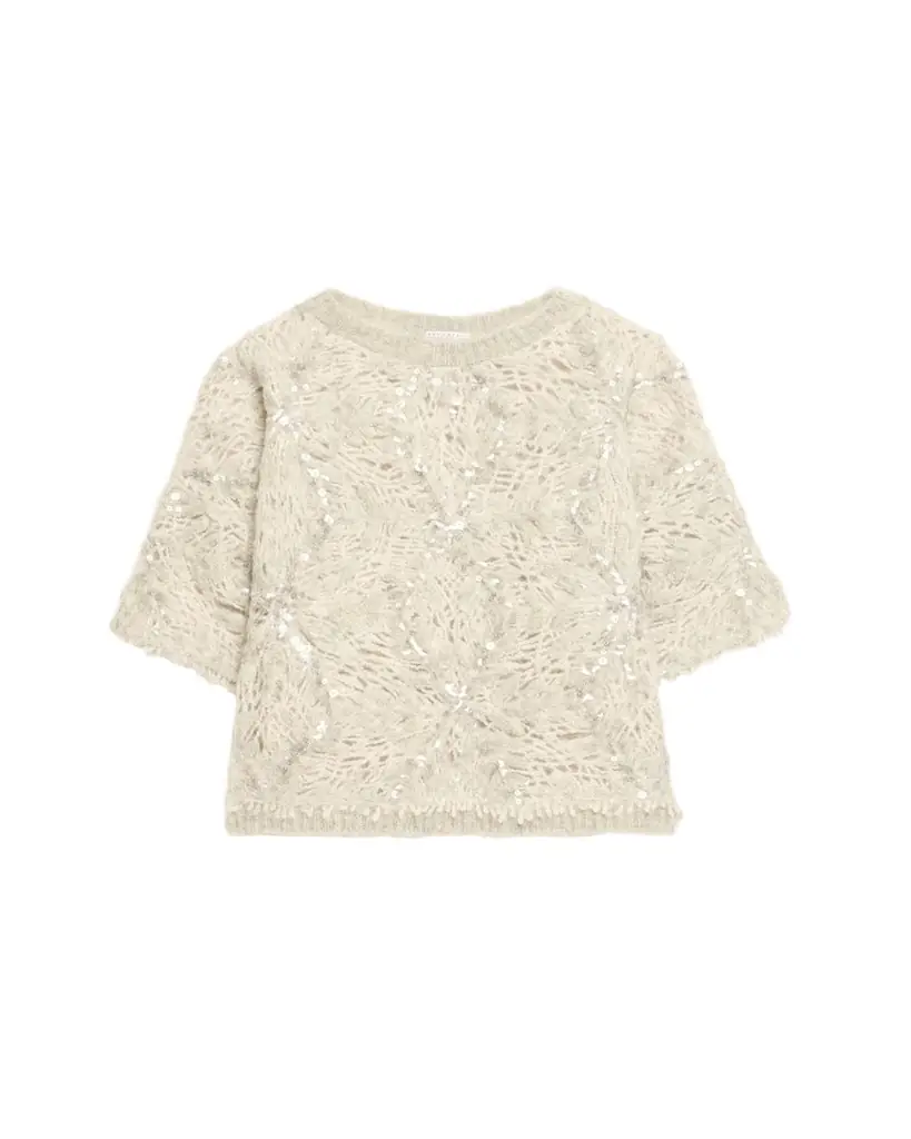 Brunello Cucinelli Pailette Mohair-Wool Short-Sleeve Sweater