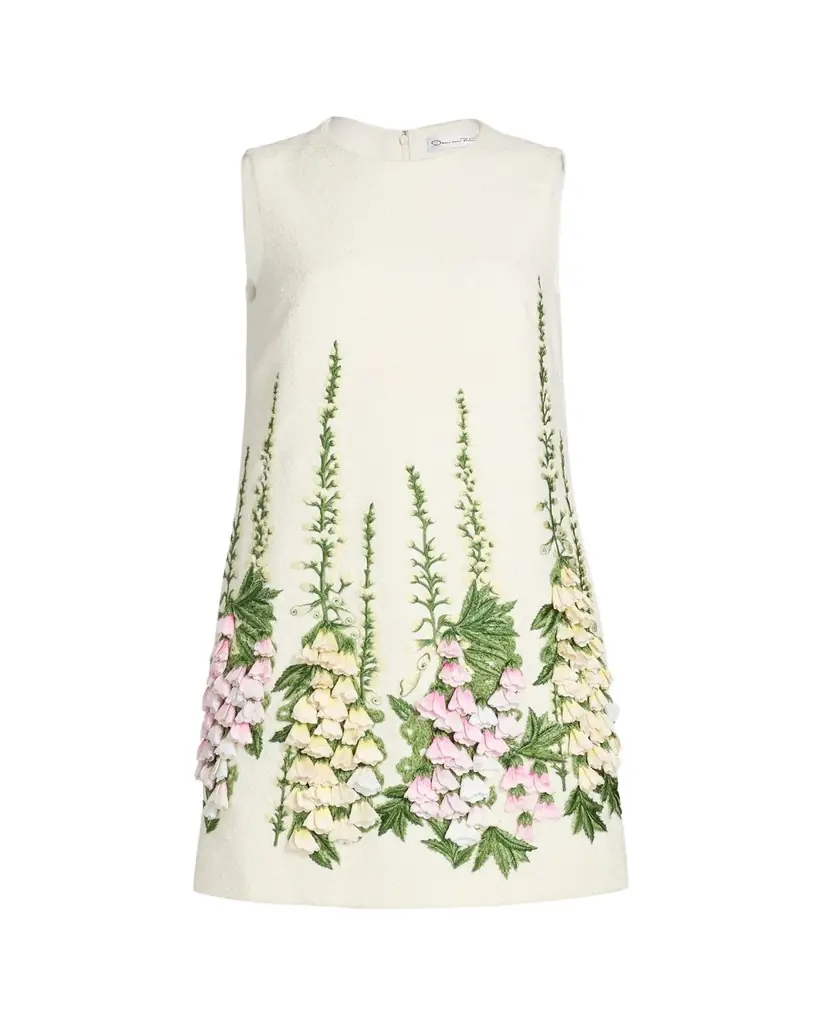 Oscar de la Renta Foxglove Embroidered Tweed Mini Shift Dress