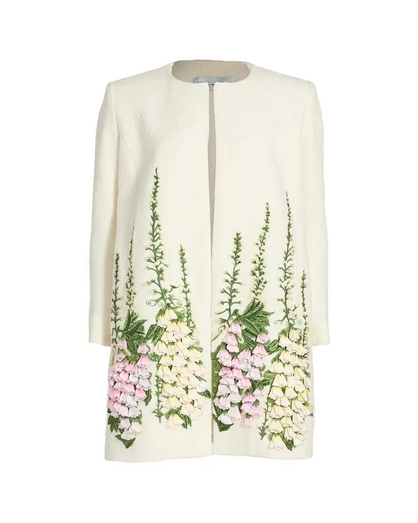 Oscar de la Renta Foxglove Embroidered Tweed Collarless Jacket