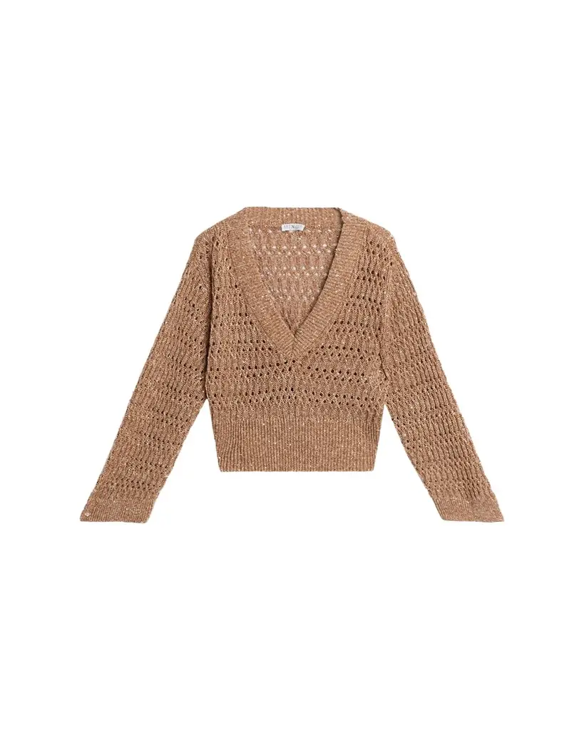 Brunello Cucinelli Openwork Braided Paillette Linen V-Neck Sweater