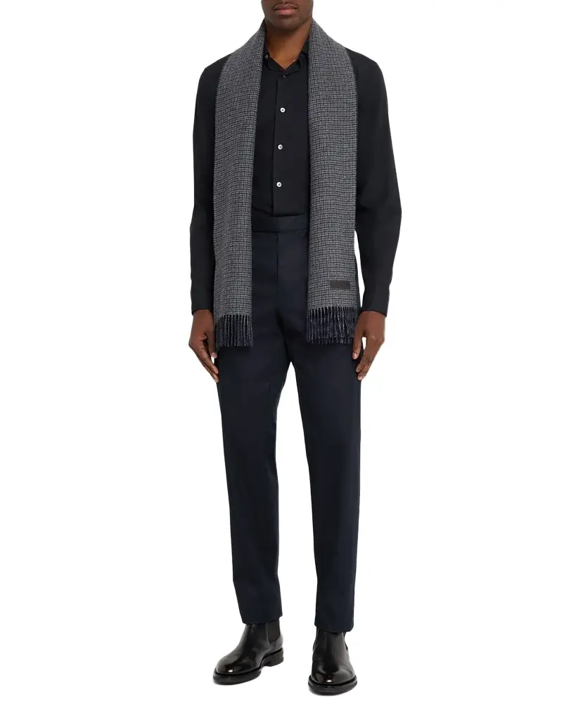 ZEGNA Men's Oasi Cashmere Check Scarf with Leather Brand Mark