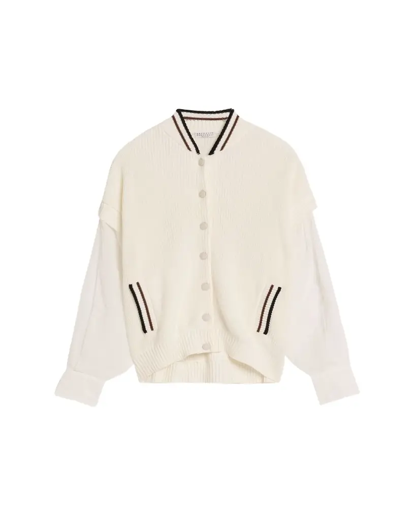 Brunello Cucinelli Organza-Sleeves English Rib Varsity Cardigan