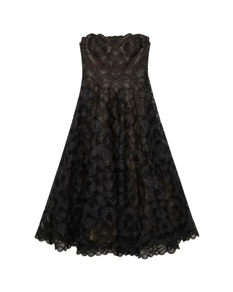 SIMKHAI Elvina Gilded Lace Strapless Midi Dress
