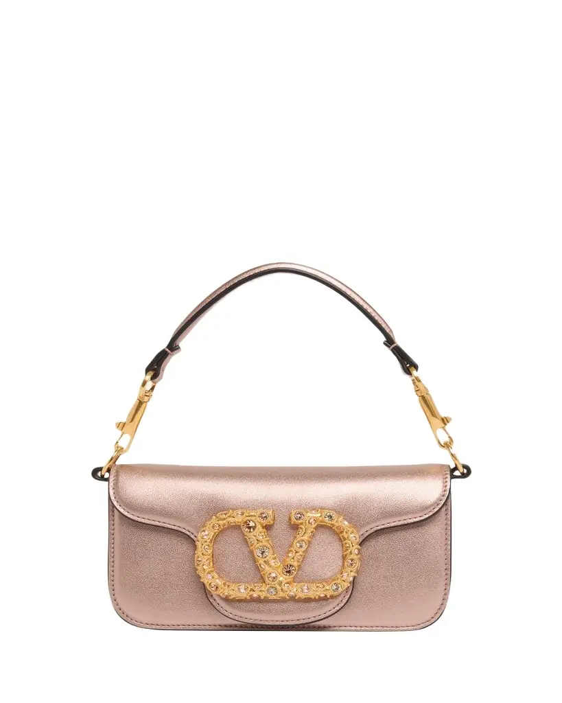 Valentino Garavani Small Crystal VLogo Metallic Leather Top-Handle Bag
