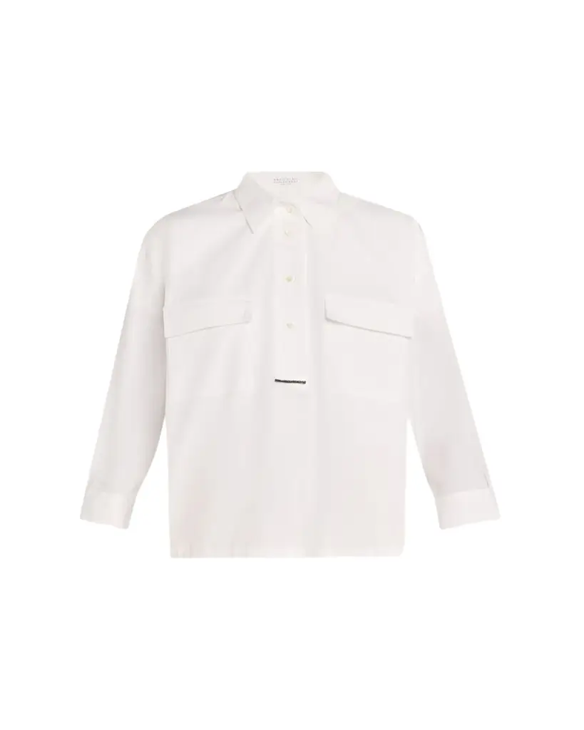 Brunello Cucinelli Monili-Trim Matte Poplin Button-Down Shirt