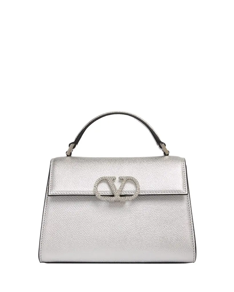 Valentino Garavani Mini Crystal VLogo Metallic Leather Top-Handle Bag