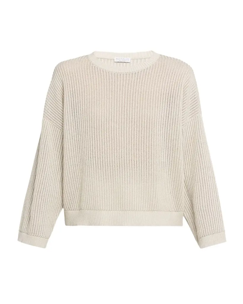 Brunello Cucinelli Metallic Openwork Cotton Rib Crewneck Sweater