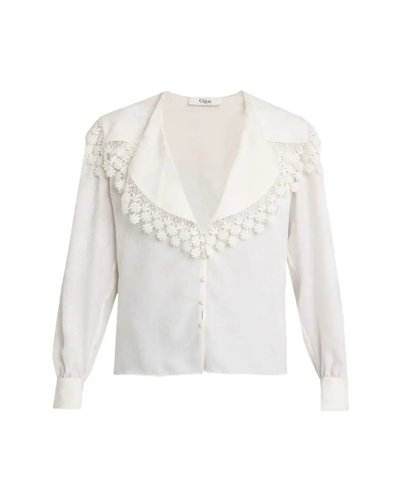 Chloe Floral-Trim Printed Silk Blouse