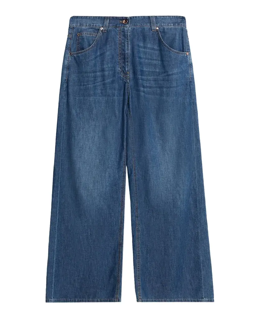 Brunello Cucinelli Lightweight Denim Wide-Leg Jeans With Monili Trim