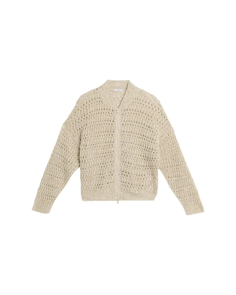Brunello Cucinelli Paillette Linen Open-Knit Zip Cardigan