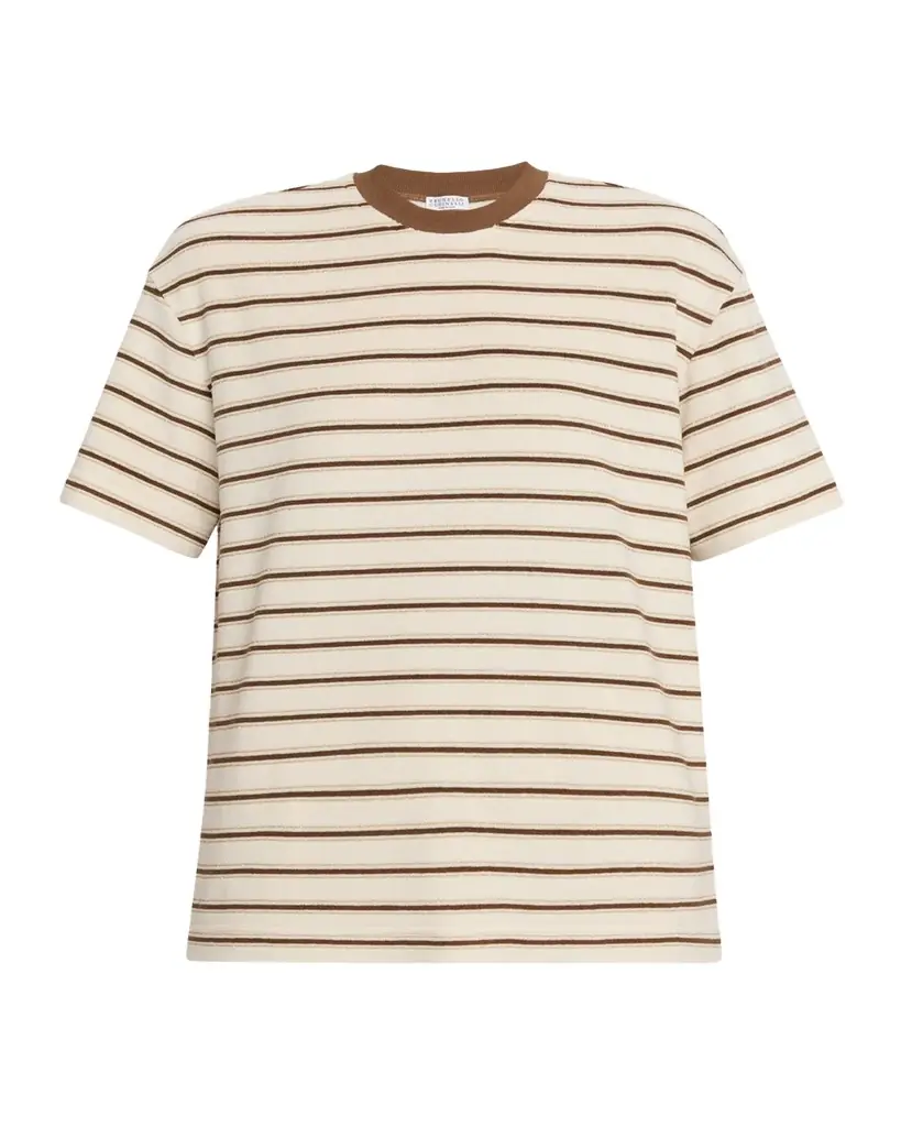 Brunello Cucinelli Metallic Striped Cotton-Silk Towelling Short-Sleeve T-Shirt