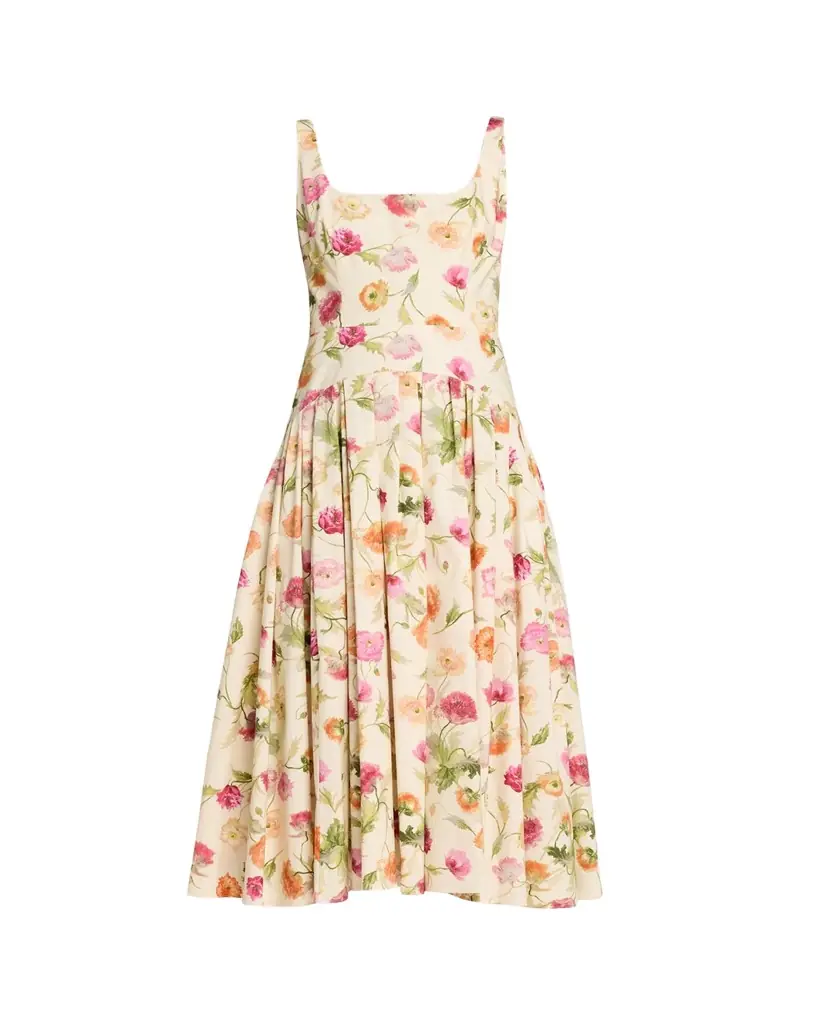 Carolina Herrera Floral Sleeveless Drop-Waist Pleated Midi Dress