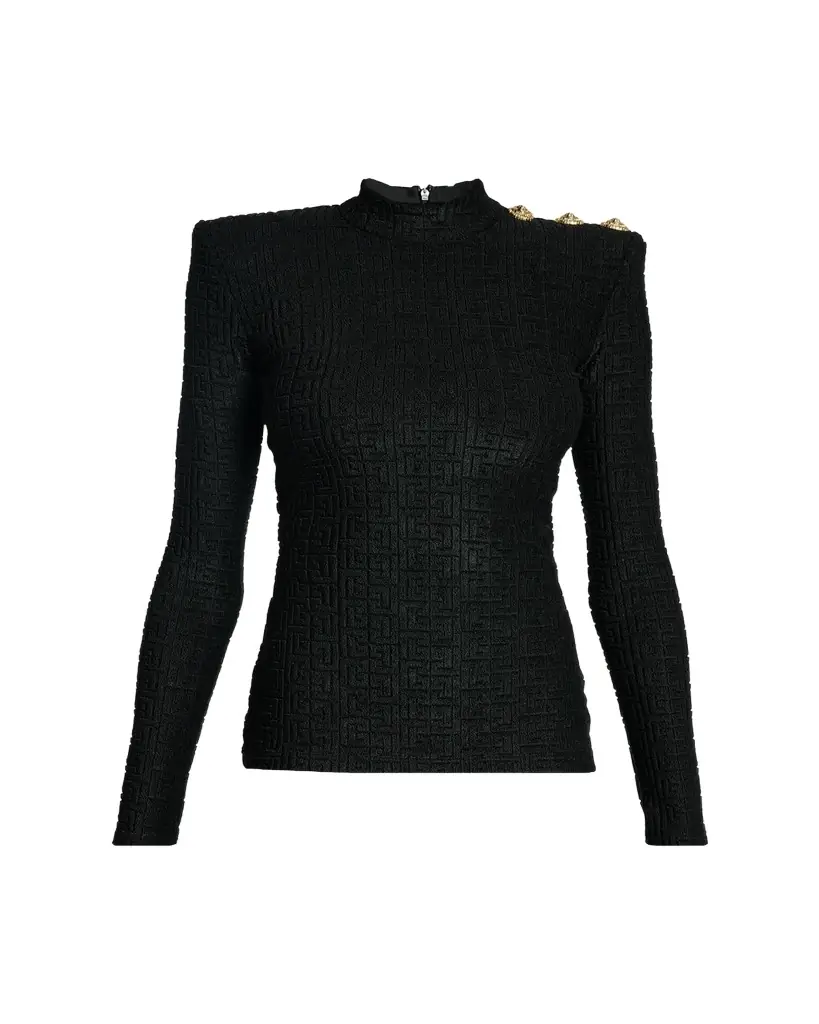 Balmain Button-Shoulder Monogram Bouclette Top