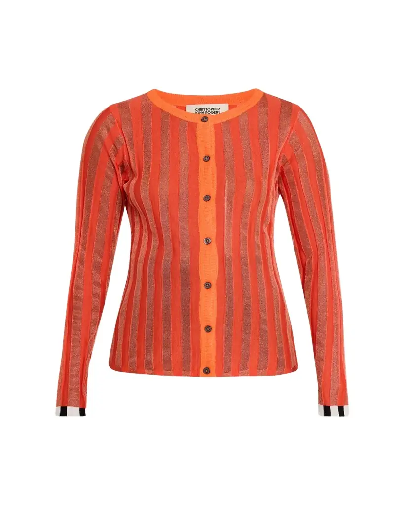 CHRISTOPHER JOHN ROGERS Metallic Pleated Knit Crewneck Cardigan