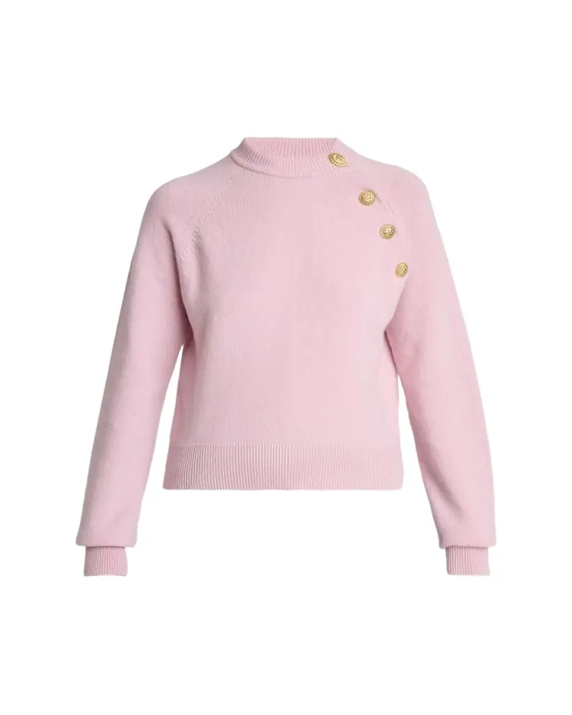 Balmain Buttoned Eco-Cashmere Crewneck Sweater