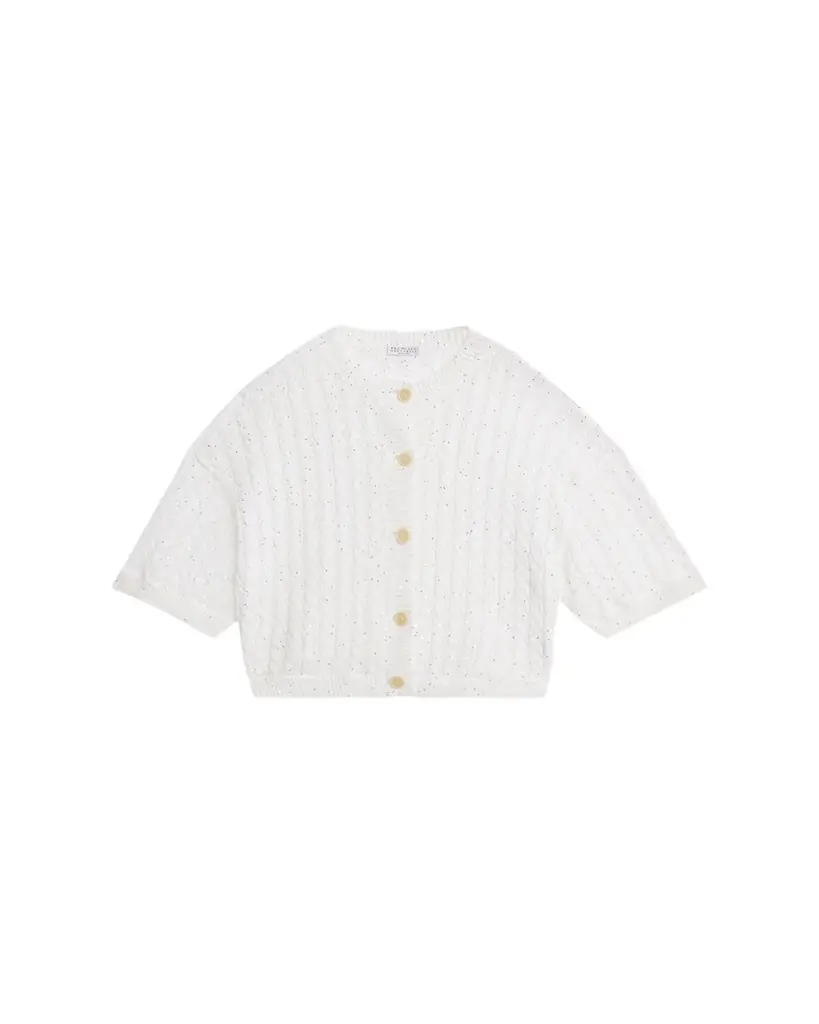 Brunello Cucinelli Linen Pailette Charming Cable-Knit Cardigan
