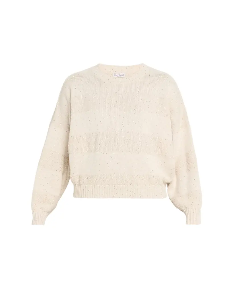 Brunello Cucinelli Linen-Cotton Pailette Striped Crewneck Sweater
