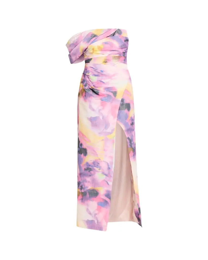 Pamella Roland Floral Taffeta Asymmetric Gown