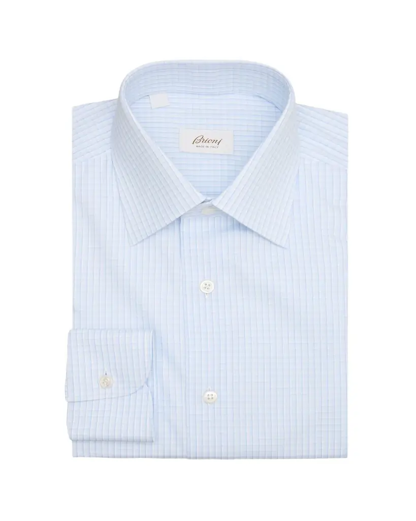 Brioni Men's Cotton Plaid Point Collar Dress Shirt